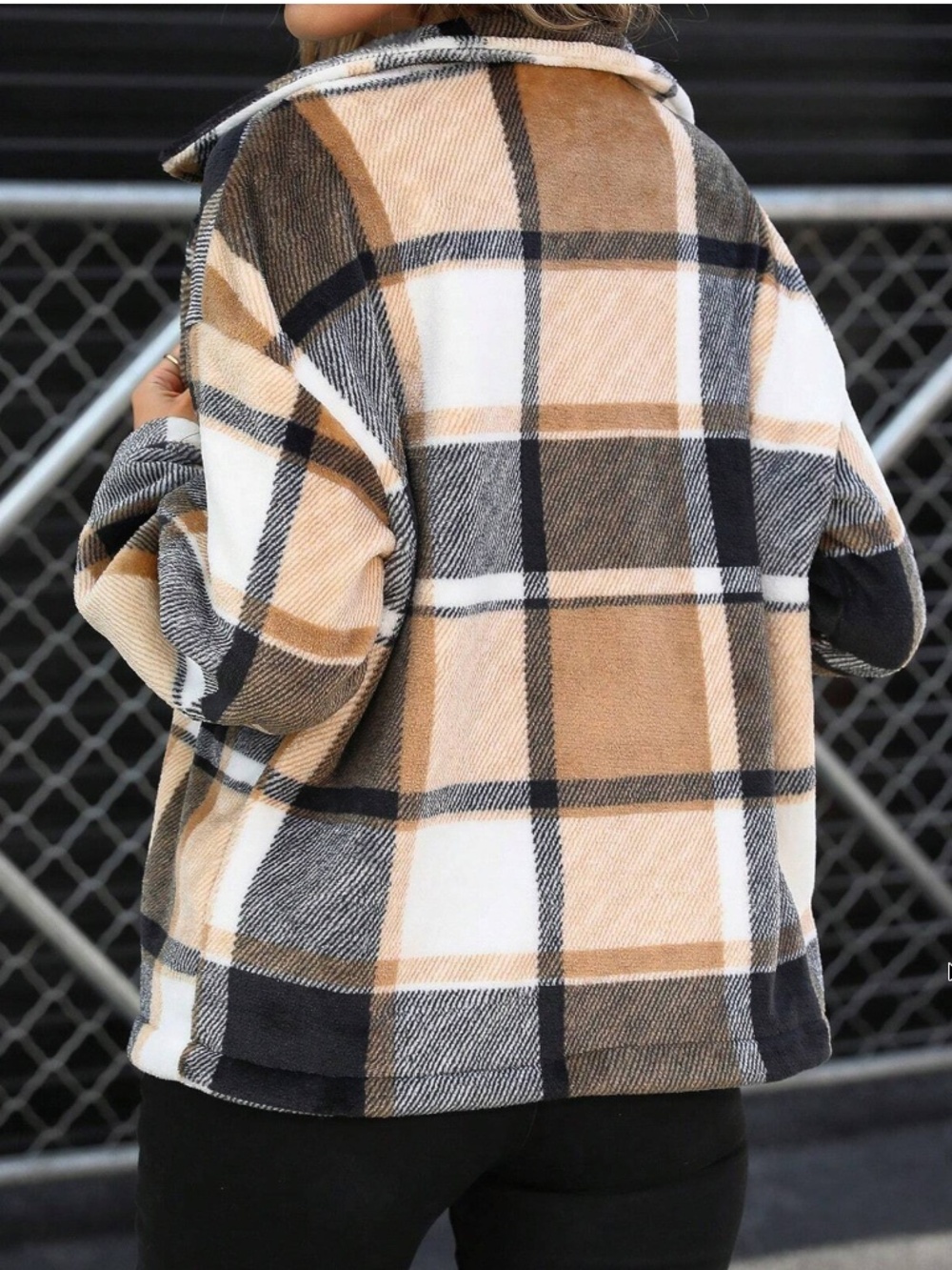 Cozy Plaid teddy Boyfriend Jacket Oversized Shacket - Picture 4 of 4